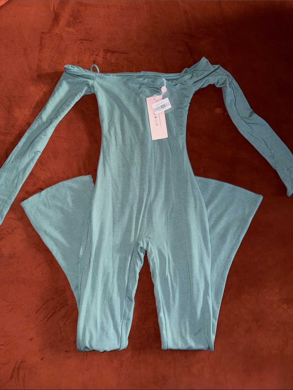 Oh Polly Teal Off-Shoulder Long Sleeve Jumpsuit✨